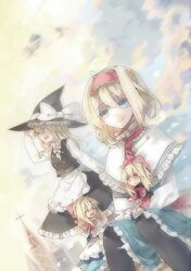  2girls :d alice_margatroid black_legwear blonde_hair blue_eyes blush bow braid capelet dress hair_bow hairband hat hat_bow highres hourai_doll kirisame_marisa long_hair multiple_girls open_mouth pantyhose red_(girllove) shanghai_doll short_hair single_braid smile touhou witch_hat yellow_eyes 
