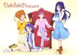  4girls absurdres aida_mana armchair ashita_wa_hitsuji blue_eyes blue_hair braid brown_hair casual chair closed_eyes crossed_legs dokidoki!_precure double_bun dress drink glass glasses half_updo harem highres hishikawa_rikka kenzaki_makoto long_hair multiple_girls necktie pink_eyes pink_hair precure short_hair shorts sitting skirt smile straw thigh-highs tray violet_eyes yotsuba_alice zettai_ryouiki 