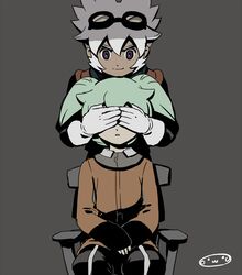  2boys covering_eyes fei_rune gloves goggles goggles_on_head inazuma_eleven_(series) inazuma_eleven_go inazuma_eleven_go_chrono_stone male mizuhara_aki multiple_boys saryuu_evan simple_background sitting smile 