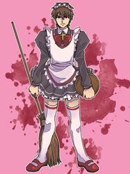  1boy alternate_costume apron bow broom brown_eyes brown_hair cross cross_necklace crossdressing dress enmaided fate/zero fate_(series) jewelry kotomine_kirei maid maid_headdress necklace red-trio solo thigh-highs 