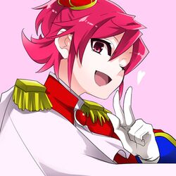  1girl ;d aida_mana cape crossdressing dokidoki!_precure epaulettes gloves half_updo heart lowres nakaya_106 open_mouth pink_eyes pink_hair precure prince smile solo v wink 
