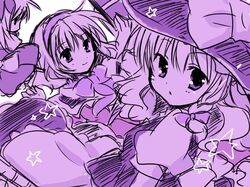  2girls alice_margatroid hat kirisame_marisa monochrome multiple_girls purple short_hair smile star touhou white-brown 