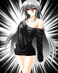  1girl breasts cleavage engo_(aquawatery) female large_breasts long_hair lyrical_nanoha mahou_shoujo_lyrical_nanoha_a's off_shoulder red_eyes reinforce silver_hair solo 