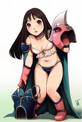  1girl armor bikini_armor blush boots breasts brown_hair cape chichi dated dragon_ball gloves harumaki helmet long_hair navel open_mouth signature solo standing undressing 