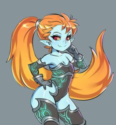  1girl bare_shoulders blue_skin breasts cleavage contrapposto elbow_gloves eyelashes fang gloves hand_on_hip highres imp leotard long_hair maniacpaint midna neon_trim no_hat no_headwear orange_hair pointy_ears ponytail red_eyes scrunchie simple_background smile solo the_legend_of_zelda thigh-highs twilight_princess very_long_hair yellow_sclera 