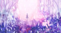  1girl backlighting bou_nin bush capelet dress forest glowing grass light_particles nature original path purple road scenery short_hair solo tree triangle 