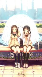  2girls bag black_hair black_legwear blush bow brown_eyes brown_hair cardigan hair_ornament hairclip hands_on_headphones headphones highres kneehighs long_hair looking_up multiple_girls original school_bag school_uniform shoes short_hair sitting skirt smile sneakers sweater_vest twintails water waterfall 
