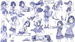  blazer blush cat graphite_(medium) hand_on_headphones headphones highres kneehighs long_hair looking_back lying monochrome multiple_girls on_sidw open_mouth pose sakino_shingetsu scarf school_uniform serafuku shoes short_hair sitting sketch skirt smile stretch traditional_media uwabaki 