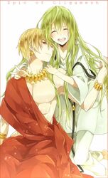  2boys androgynous azusa_(sarie303030) blonde_hair bracelet earrings enkidu_(fate/strange_fake) fate/strange_fake fate/zero fate_(series) gilgamesh green_hair jewelry long_hair multiple_boys necklace red_eyes toga 