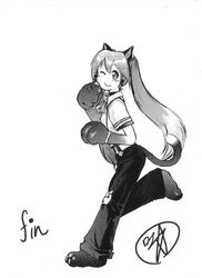  1girl animal_ears back_cover cat_ears comic full_body hatsune_miku kemonomimi_mode long_hair monochrome pants paws sei_kaze_doukeshi smile suspenders tail twintails vocaloid wink 