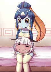  2girls blue_skin blush_stickers closed_eyes dark_skin hair_ornament head minette_(skullgirls) multiple_girls nadia_fortune niyatoki shell skullgirls smile thigh-highs violet_eyes 