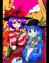  2girls alternate_costume bag belt between_breasts blue_hair bow breasts clothes_between_breasts clothes_writing contemporary food fruit hat hat_bow hat_ribbon hinanawi_tenshi leaf multiple_girls nagae_iku peach purple_hair racket rainbow red_eyes ribbon setz symbol-shaped_pupils touhou 