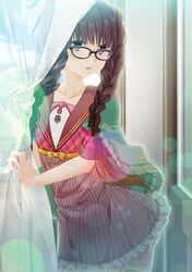  1girl braid brown_eyes brown_hair curtains dress glasses long_hair original pinstripe_pattern plaid school_uniform solo twin_braids window yanagi_akira 