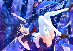  ass black_eyes black_hair blonde_hair blush brown_eyes brown_hair dolphin kazeno loafers long_hair navel original school_uniform shoes skirt thigh-highs underwater water yellow_eyes zettai_ryouiki 