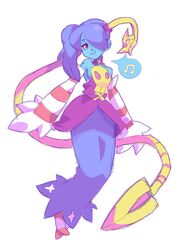  1girl ashleigh_hetrick bare_shoulders blue_hair blue_skin detached_sleeves full_body hair_over_one_eye leviathan_(skullgirls) long_hair long_skirt musical_note red_eyes side_ponytail skirt skull skullgirls smile solo squigly_(skullgirls) stitched_mouth striped striped_legwear striped_sleeves yellow_sclera zombie 