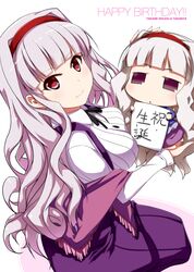  chibi hairband idolmaster long_hair looking_at_viewer puchimasu! purple_hair red_eyes ribbon sagamihara_sakyou shawl shijou_takane silver_hair takanya violet_eyes 
