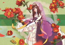 1girl artist_request bare_shoulders blush bridal_gauntlets cellphone dress flower frills gloves hair_down highres himekaidou_hatate legs long_hair navel panties phone see-through shawl sitting solo striped striped_panties touhou underwear veil wariza 