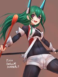  bodysuit fingerless_gloves gloves green_hair long_hair menou_kaname original robot_ears shorts smile taishi_(artist) violet_eyes 