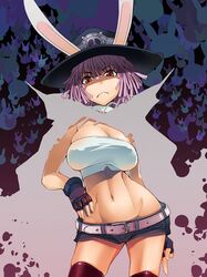 1girl angry animal_ears asaki_takayuki bandeau belt breasts cameltoe cape choker cleavage death_bunny fingerless_gloves frown gloves hairlocs hand_on_hip hat large_breasts lowleg middle_finger midriff mound_of_venus navel pink_hair rabbit rabbit_ears red_eyes scar short_hair short_shorts shorts skindentation skull_and_crossbones solo standing taut_shirt thigh-highs tubetop wide_hips wrestle!_idol zettai_ryouiki 