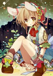  1boy animal_ears brown_hair crossdressing male mismatched_footwear original polka_dot rabbit_ears ribbon short_hair touyama_soboro trap yellow_eyes 