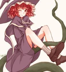  1girl artist_name capelet dress hat kirisame_marisa kirisame_marisa_(classic) kuronekonero long_hair red_eyes redhead shoes short_hair smile socks story_of_eastern_wonderland touhou touhou_(pc-98) vines wink witch_hat 