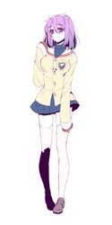  1girl clannad genderswap hair_ribbon highres kuroko_no_basuke long_hair momose murasakibara_atsushi purple_hair ribbon school_uniform skirt solo thigh-highs violet_eyes white_legwear 