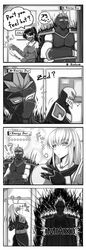  !? 1girl 2boys 4koma ? adapted_costume akali armor ass belt breasts cape character_name collarbone comic english face_mask fingerless_gloves fire forehead_protector gloves headwear_removed helmet helmet_removed league_of_legends long_hair monochrome multiple_boys musical_note ninja pauldrons ponytail shen tsugumi_(artist) vambraces zed_(league_of_legends) 