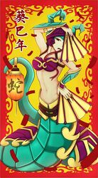  1girl alternate_costume alternate_eye_color armor bikini_armor breasts cassiopeia_du_couteau fan fingernails folding_fan forked_tongue headdress helmet lamia lantern league_of_legends long_fingernails long_tongue midriff monster_girl navel snake solo tail tongue tsugumi_(artist) vambraces violet_eyes 