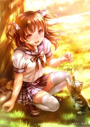  1girl bag brown_eyes brown_hair cat happy highres long_hair looking_at_viewer miiru original school_bag school_uniform solo sunset tree twintails 