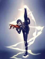  1girl bodysuit brown_hair clenched_hands full_body glowing helmet high_kick kicking long_hair modeseven original skin_tight solo standing_on_one_leg 
