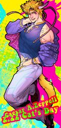  1boy animal_ears blonde_hair blue_jacket caesar_anthonio_zeppeli cat_ears cat_tail colorful fabulous facial_mark feathers fingerless_gloves gloves green_eyes haine13 headband highres jacket jojo_no_kimyou_na_bouken kemonomimi_mode midriff off_shoulder solo tail 