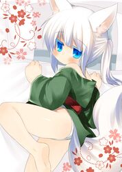  animal_ears blue_eyes fox_ears fox_tail japanese_clothes kimono legs long_hair off_shoulder original panties payot ponytail short_kimono tail toba_hiyoko underwear 