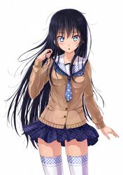  1girl :o black_hair blue_eyes blush highres kazeno long_hair miniskirt open_mouth original school_uniform skirt solo thigh-highs very_long_hair white_legwear zettai_ryouiki 