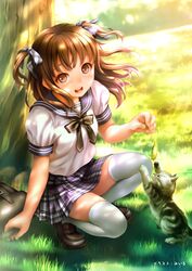  1girl bag brown_eyes brown_hair cat happy highres long_hair miiru original school_bag school_uniform solo tree twintails 