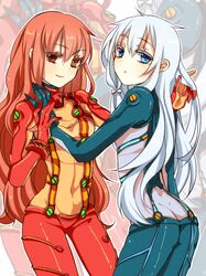  2girls akashi_seijuurou blue_eyes blue_hair genderswap heterochromia kuroko_no_basuke kuroko_tetsuya long_hair momose multiple_girls neon_genesis_evangelion plugsuit red_eyes redhead school_uniform solo yellow_eyes 
