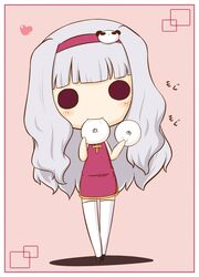  blush_stickers chibi china_dress chinese_clothes fuugetsu_oreha_ikiru grey_hair hairband heart idolmaster mouth_hold panda shijou_takane solid_circle_eyes thigh-highs white_legwear 