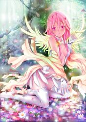  1girl angel_wings fingerless_gloves gloves guilty_crown pink_eyes pink_hair solo thigh-highs white_legwear wings xiao_seng yuzuriha_inori 