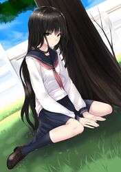 black_hair dutch_angle grass green_eyes loafers long_hair original ryou@ryou school school_uniform serafuku shoes sitting skirt socks tree very_long_hair wariza 