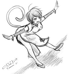  1girl alternate_costume bangle bare_legs bent_over bracelet china_dress chinese_clothes detached_sleeves eileen happy high_heels jewelry monkey_tail monochrome outstretched_arms shoes short_hair side_slit solo tail tal_yuji virtua_fighter virtua_fighter_5 virtua_fighter_5:_final_showdown 