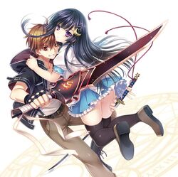  1boy 1girl belt black_gloves black_hair black_legwear boots brown_eyes brown_hair crescent cross-laced_footwear fingerless_gloves gloves grin hair_ornament hairclip hooded_jacket katana long_hair looking_at_viewer magic_circle open_clothes open_jacket original pants puffy_sleeves riv shirt short_sleeves simple_background skirt smile sword thigh-highs very_long_hair violet_eyes weapon white_background zettai_ryouiki 