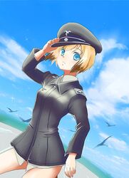  1girl bird blonde_hair blue_eyes clouds erica_hartmann hat military military_uniform nanami_sano short_hair sky solo strike_witches uniform 
