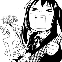  >_< 2girls black_hair guitar instrument k-on! long_hair multiple_girls nakano_azusa nude open_mouth rectangular_mouth school_uniform suzuki_jun twintails watarai_keiji 