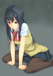 1girl black_hair black_legwear bow crying long_hair no_shoes original pantyhose school_uniform shirt short_sleeves sitting skirt solo unasaka_ryou vest violet_eyes wariza 