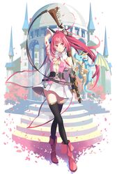  1girl black_legwear bolt_action castle dragon gun pink_eyes pink_hair ponytail rifle tagme thigh-highs toki_to_towa vofan weapon zettai_ryouiki 