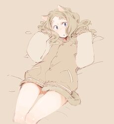  animal_ears blue_eyes brown_hair cat_ears cat_tail chibikko_(morihito) eyebrows jacket long_hair lying morihito on_back original sleeves_past_wrists tail thick_eyebrows 
