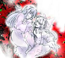  >:d 2girls :d chin_grab clenched_teeth evil_smile fingernails floral_background flower fujiwara_no_mokou hair_ribbon highres houraisan_kaguya monochrome multiple_girls open_mouth outstretched_arms partially_colored ribbon ryutuki05 smile spread_arms suspenders touhou 