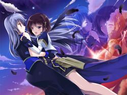  2girls armor bare_shoulders blue_eyes blush brown_hair closed_eyes clouds feathers fingerless_gloves gloves hair_ornament highres kouzuki_hajime long_hair long_sleeves lyrical_nanoha mahou_shoujo_lyrical_nanoha mahou_shoujo_lyrical_nanoha_a's mahou_shoujo_lyrical_nanoha_the_movie_2nd_a's multiple_girls open_mouth puffy_sleeves red_eyes reinforce short_hair silver_hair skirt sky sleeveless smile star_(sky) starry_sky wings yagami_hayate zoom_layer 