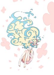  1girl adafada barefoot closed_eyes flower hair_flower hair_ornament highres long_hair multicolored_hair nia_teppelin skirt solo tengen_toppa_gurren_lagann two-tone_hair 