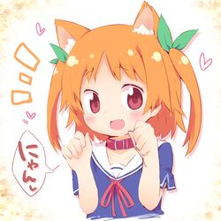  1girl animal_ears ayakashi_(monkeypanch) blush cat_ears collar fang harusaki_chiwa heart highres open_mouth orange_hair ore_no_kanojo_to_osananajimi_ga_shuraba_sugiru red_eyes red_ribbon ribbon school_uniform short_sleeves short_twintails solo translated twintails 