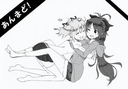  2girls ajisu_abeba bow casual denim denim_shorts hair_bow hair_ribbon heart hoodie hug kaname_madoka long_hair mahou_shoujo_madoka_magica multiple_girls petting ponytail ribbon sakura_kyouko school_uniform short_twintails shorts thigh-highs twintails wink 